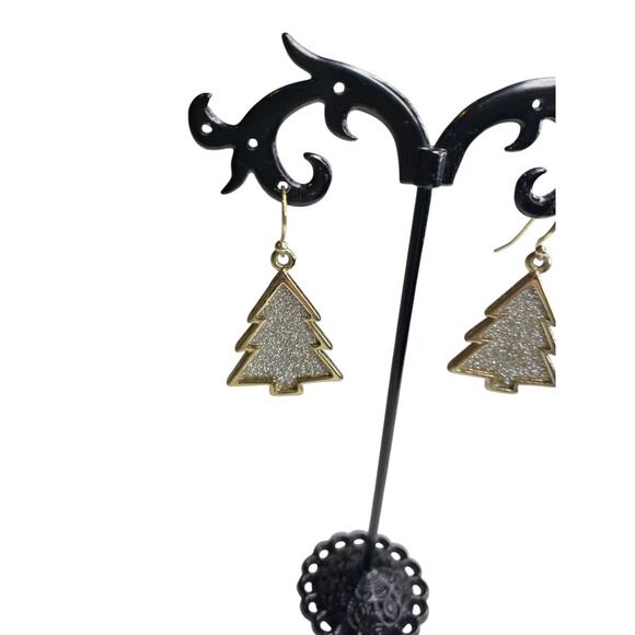 Goldtone Fishhook Earrings Christmas Tree Sparkle 1.5" Drop - Picture 3 of 6